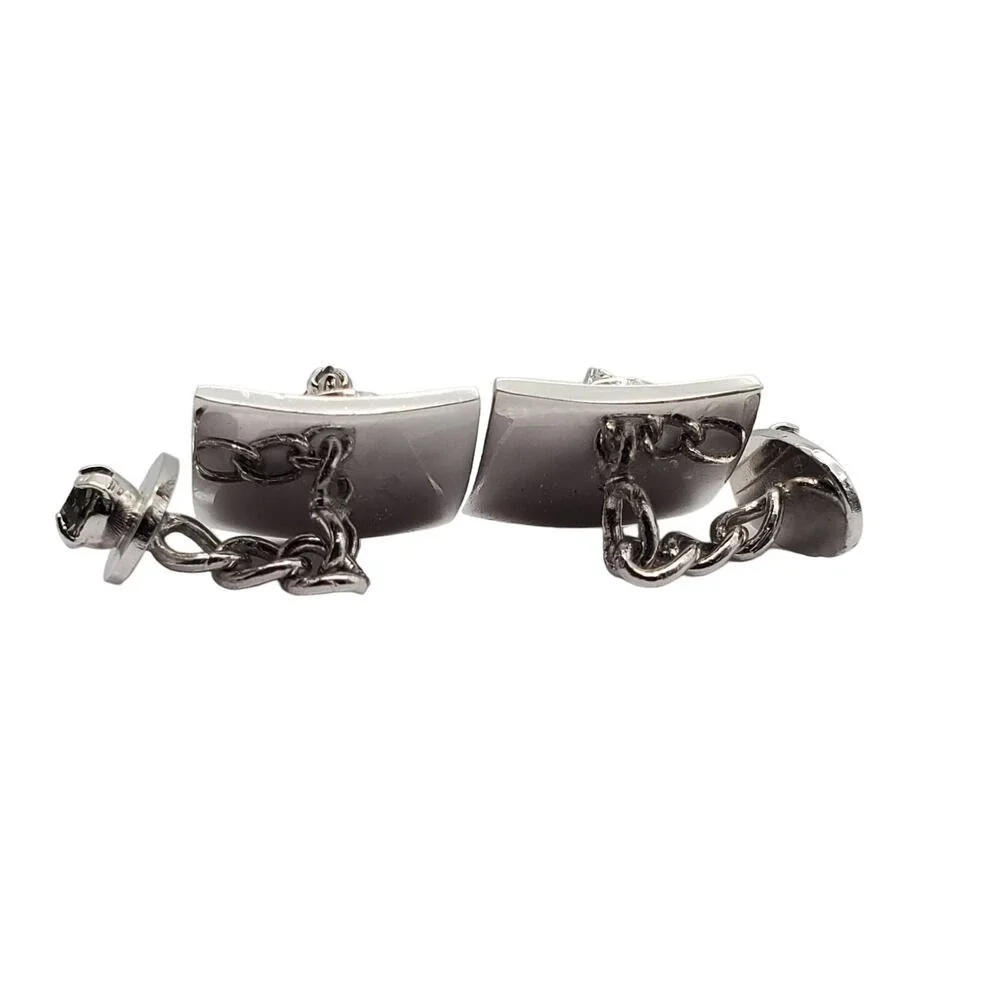Smoke Faceted Glass Stone Cufflinks‎ Silver Tone Teardrop Double Faced Chainlink